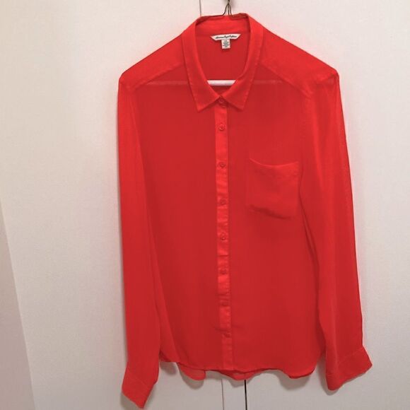 American Eagle Outfitters Long Sleeve Semi Sheer Neon Orange Blouse. Size Large. - Picture 1 of 6